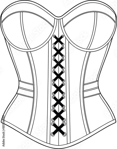 Technical flat vector illustration CAD drawing professional women's fashion corset bodice lingerie design garment detailed template sweetheart neckline lace-up front, cad drawing flat vector 