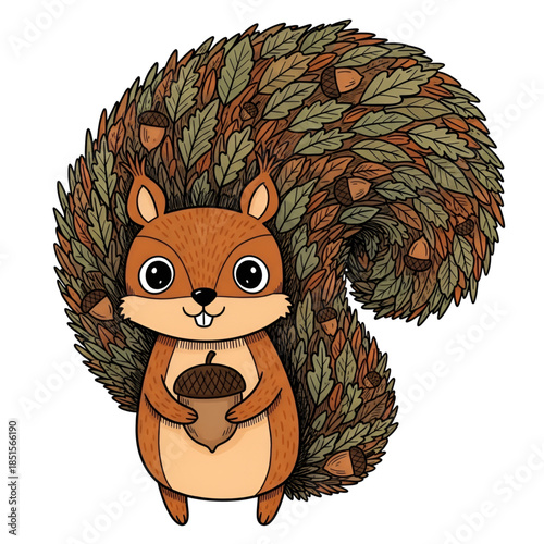 Cute cartoon squirrel holding acorn with bushy leafy tail
