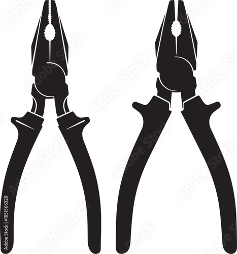 Two black silhouettes of pliers tools isolated on white background
