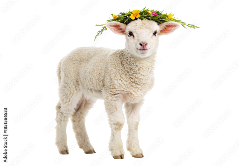 Obraz premium White lamb with flower crown on head standing, isolated on a transparent background