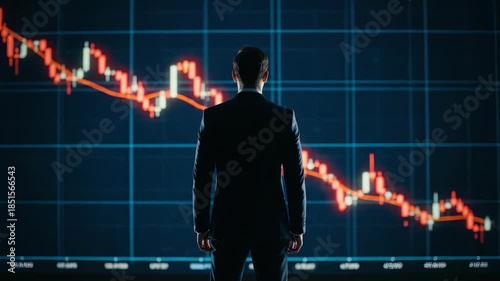 A finance executive watches a dramatic red decline stock market candlestick graph on a large screen, concept for economic recession, financial crisis analysis and investment strategy