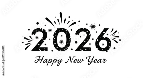 A festive black and white design showcasing the year 2026 with celebratory new year wishes