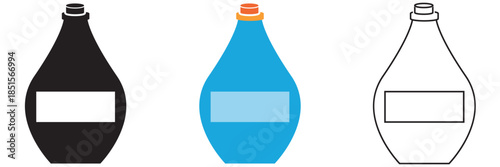 Product chemical flat bleach bottle  icon. Black and colorful plastic spray bottle for household cleaning, hygiene, and disinfectant products isolated on white background.
