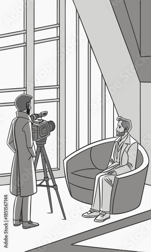 Professional interview with a man sitting in a chair and a cameraman filming.