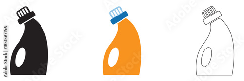 Product chemical flat bleach bottle  icon. Black and colorful plastic spray bottle for household cleaning, hygiene, and disinfectant products isolated on white background.
