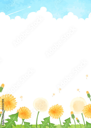 手描きのタンポポと青空の風景イラスト