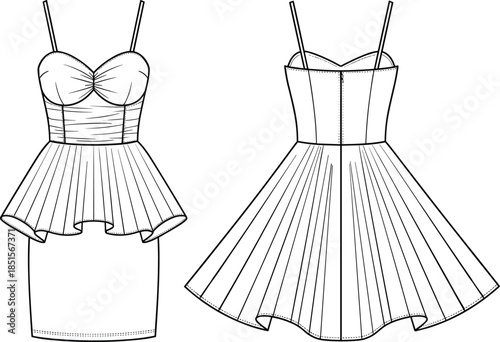 Technical flat vector illustration CAD drawing professional women's fashion peplum dress design spaghetti straps ruched bodice pencil skirt cocktail 