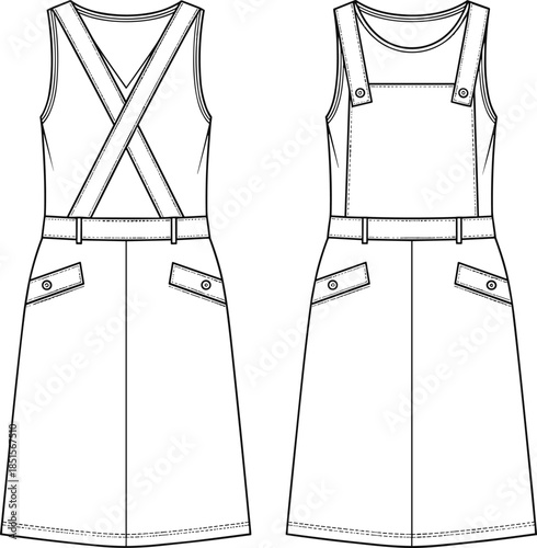 Technical flat vector illustration CAD drawing professional women's fashion pinafore overall dress design A-line skirt crossed straps patch pockets casual 