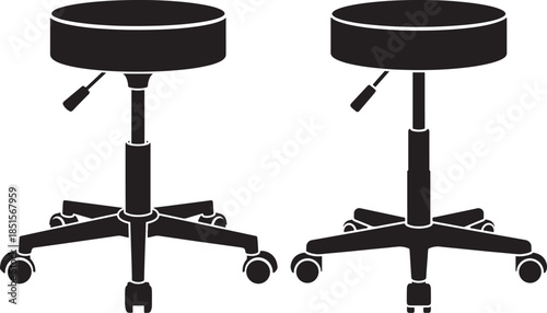 Two black silhouette rolling stools with adjustable height for medical or tattoo