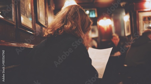 Woman Reading Paper in Cozy Dimly Lit CafÃ© with Warm Lighting and Framed Artwork