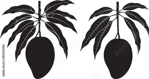 Two mango fruit with leaves silhouette set