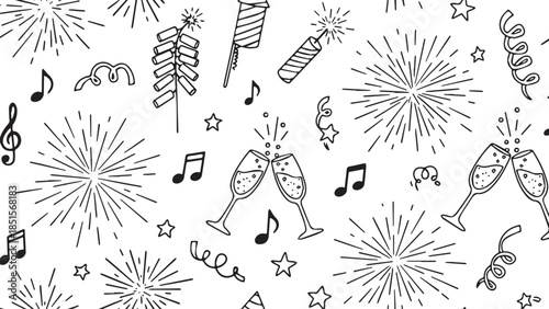 Celebratory Fireworks and Toasting Champagne Glasses Doodle Pattern.