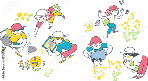 紅白帽をかぶり探検バッグを斜めがけした小学3年生くらいの子供たち、野外でタブレットのカメラを使い植物や昆虫を発見撮影する理科や生活科の校外学習、手書き風イラスト、ICT教育・生き生きタブレット学習シリーズ