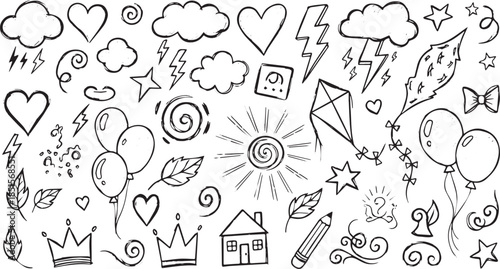 Collection of handdrawn doodle elements including hearts clouds sun balloons and crowns.