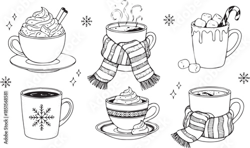 Collection of HandDrawn Hot Chocolate and Coffee Mugs with Winter Decorations.
