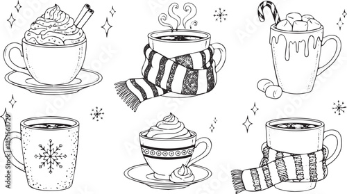 Collection of HandDrawn Winter Hot Drinks with Festive Decorations.