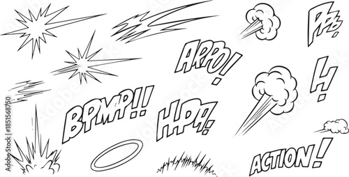 Comic book sound effects and action lines in black and white sketch style.