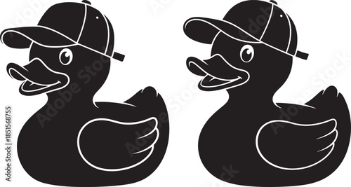 Two rubber ducks wearing baseball caps silhouette vector set