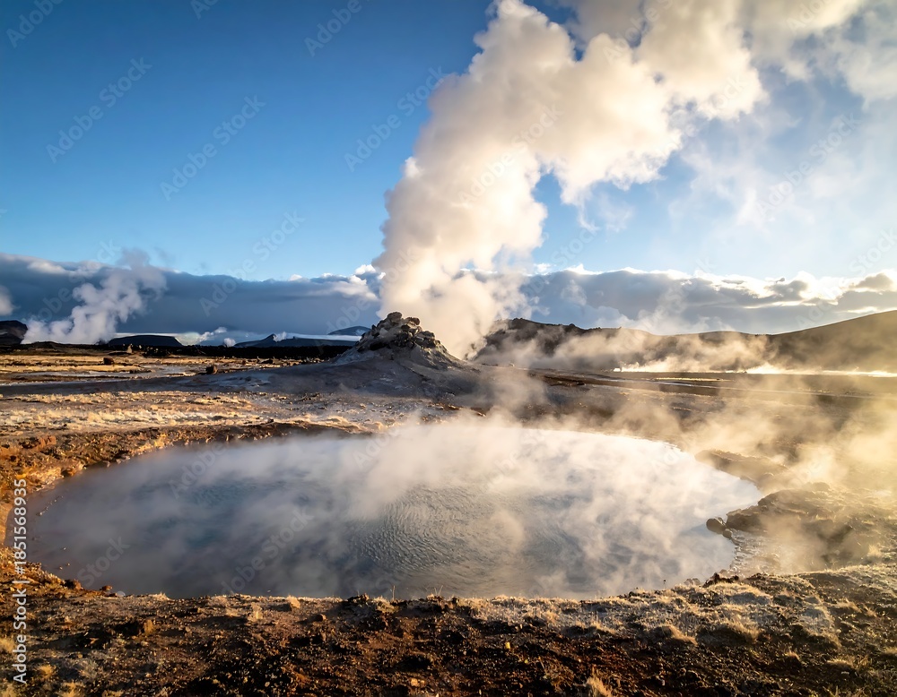 Fototapeta premium Scenic shot of geothermal activity with steam rising under a bright sky