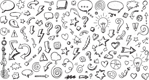 Hand drawn doodle set of arrows speech bubbles and symbols.