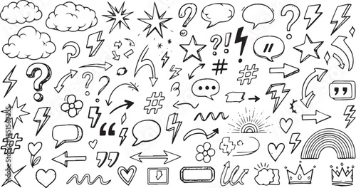 Hand drawn doodle set of arrows stars clouds and question marks.
