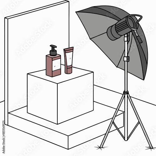 Product photography setup with cosmetics and studio lighting.