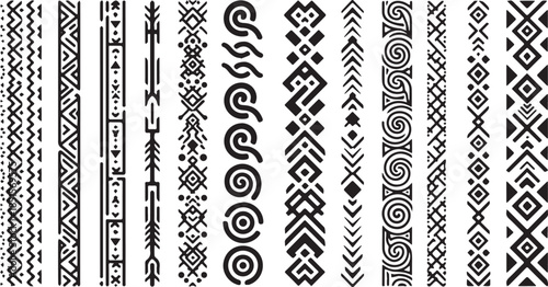 Set of diverse tribal border patterns and ethnic decorative elements.