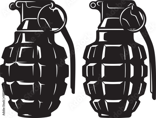 Two black hand grenades facing each other vector graphic illustration