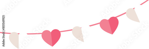 Valentine’s day heart garland in pink pastel tones, cute flat vector bunting decoration for romantic design