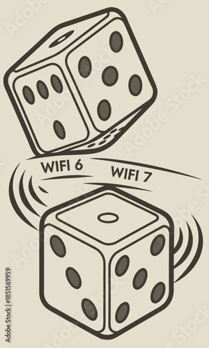 Two dice with WiFi 6 and WiFi 7 text and signal waves representing technological advancement and choice.