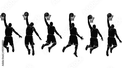 Collection of basketball player slam dunk silhouettes on transparent background