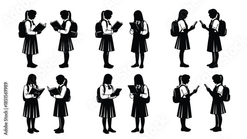 Female students reading books and using technology