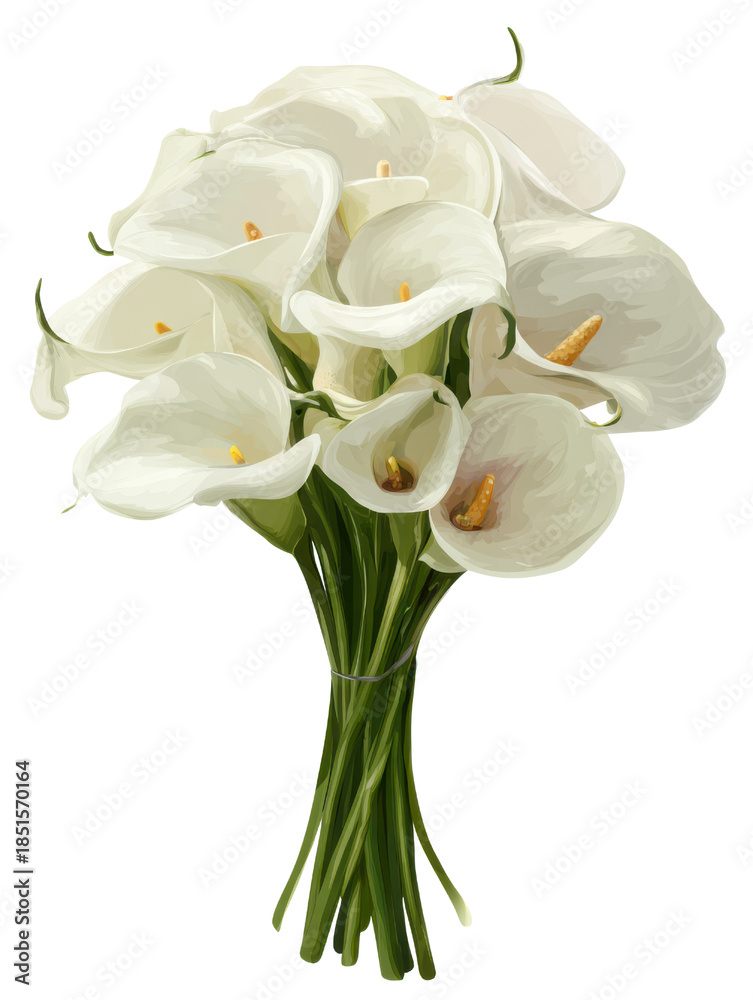 Obraz premium Elegant Bouquet of White Calla Lilies with Green Stems Tied with Wire calla lily, Isolated, Png Transparent Background