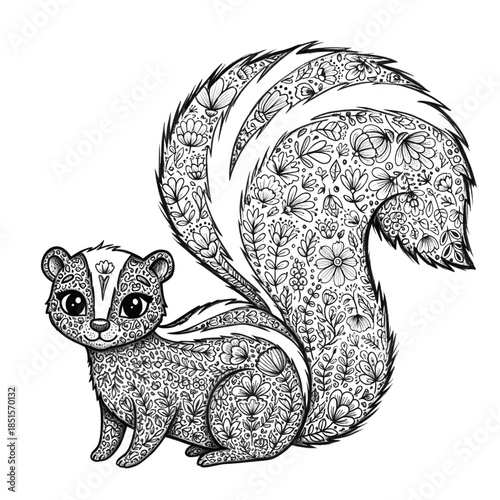 Whimsical squirrel with floral pattern tail and body on transparent background