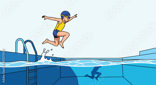 Cartoon illustration of a girl jumping into a swimming pool with a diving board on a sunny day.