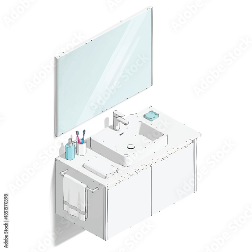 Isometric view of a modern white bathroom vanity with a large mirror, sink, and toothbrush holder on a clean white background.