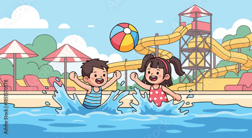 Illustration of a boy and girl playing in a swimming pool with a water slide, beach ball, and lounge chairs in the background on a sunny day.