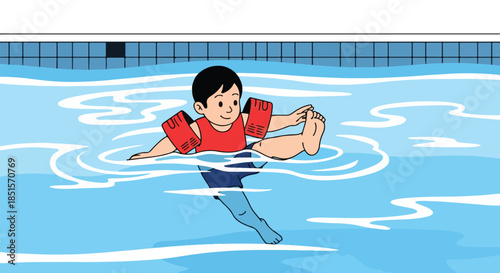 Cartoon boy wearing red floatation sleeves swimming in a pool with blue water and a tiled wall background.