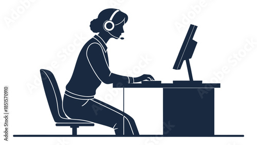 Customer service representative working at desk with headset