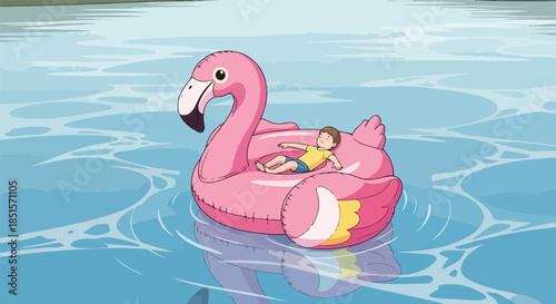 A cartoon pink flamingo pool float with a small child lounging on it floats on calm blue water with a sunny atmosphere.