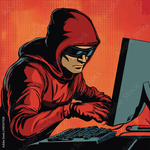 Caucasian hacker thief hacking into a computer. Vector illustration in pop art retro comic style , vector style simple color
