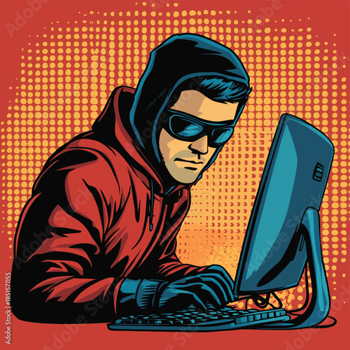 Caucasian hacker thief hacking into a computer. Vector illustration in pop art retro comic style , vector style simple color