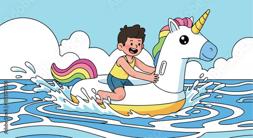 A young boy excitedly rides a colorful unicorn inflatable raft through splashing water with a blue sky and white clouds in the background.
