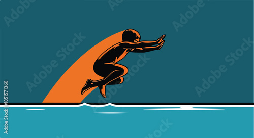Illustration of a person jumping into water with an orange wave, against a blue background with a sense of dynamic movement.