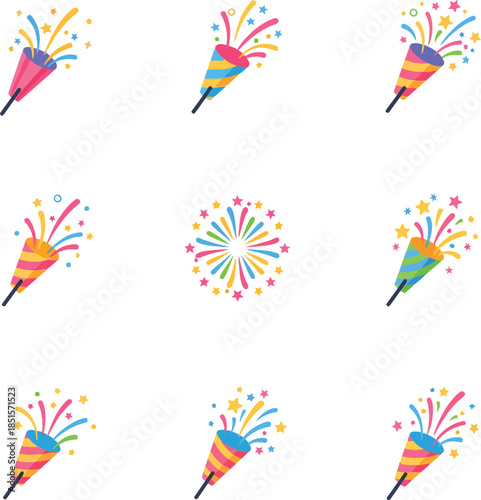 Colorful Party Popper and Confetti Celebration Icons Set for Festive Events