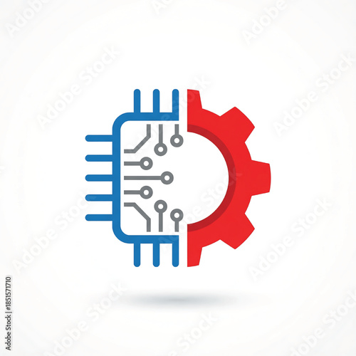 vector illustration of processor with gear. Icon of circuit board technology. Symbol of microprocessor production. Sign of microchip new concept