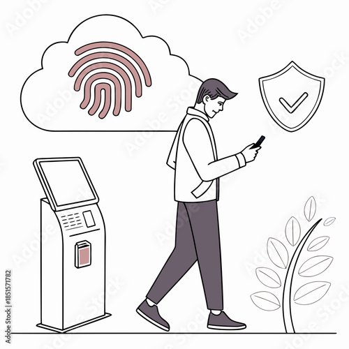 Man using smartphone with cloud fingerprint security and selfservice kiosk.