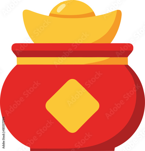 A red pot filled with golden treasures, symbolizing prosperity and wealth in a cultural celebration