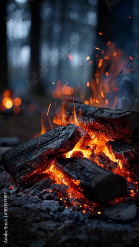 CLOSE UP: Unrecognizable person striking the campfire with a long stick. Glowing particles popping out of a bonfire lit up in the 