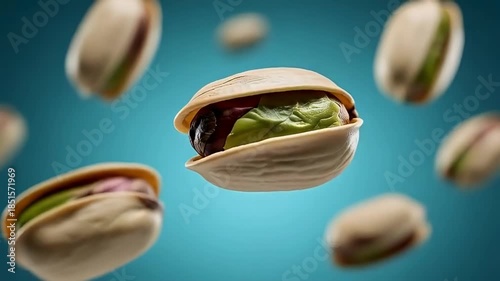 Floating Pistachio Nuts Macro Isolated on Teal Background